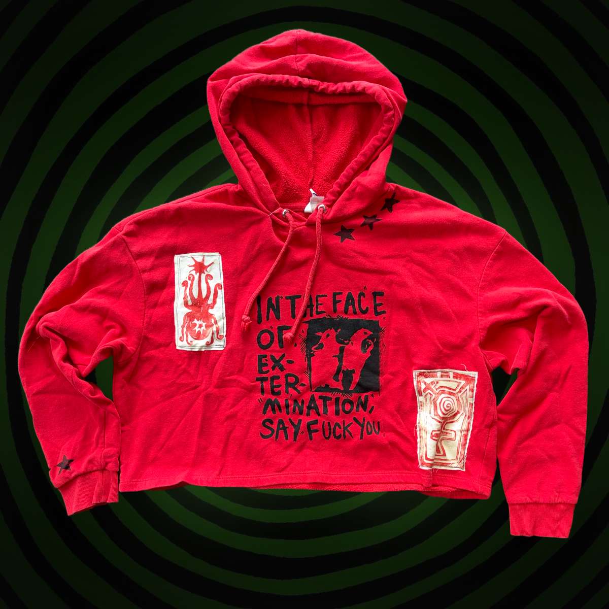 In the Face of Extermination Upcycled Red Cropped HOODIE by Start Over Studio