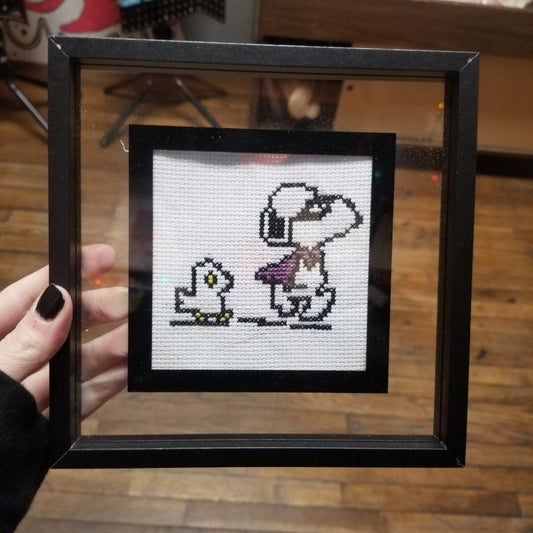 Woodstock and Snoop in Costume Framed Cross-Stitch