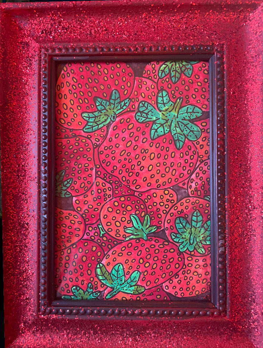Strawberry Patch Glitter Framed Original DRAWING