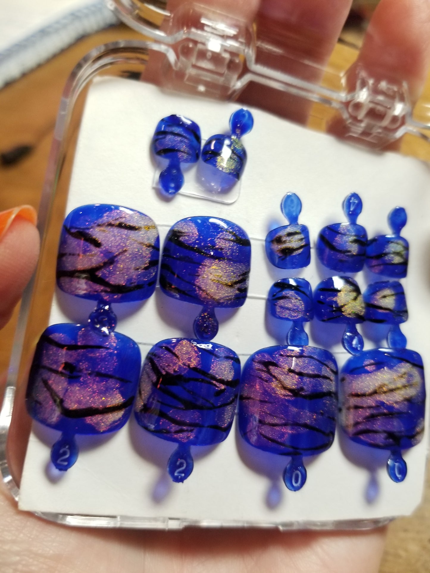 Blue Tiger Stripes Hand-painted Acrylic Press On TOE NAiL SET by Adorn Nails