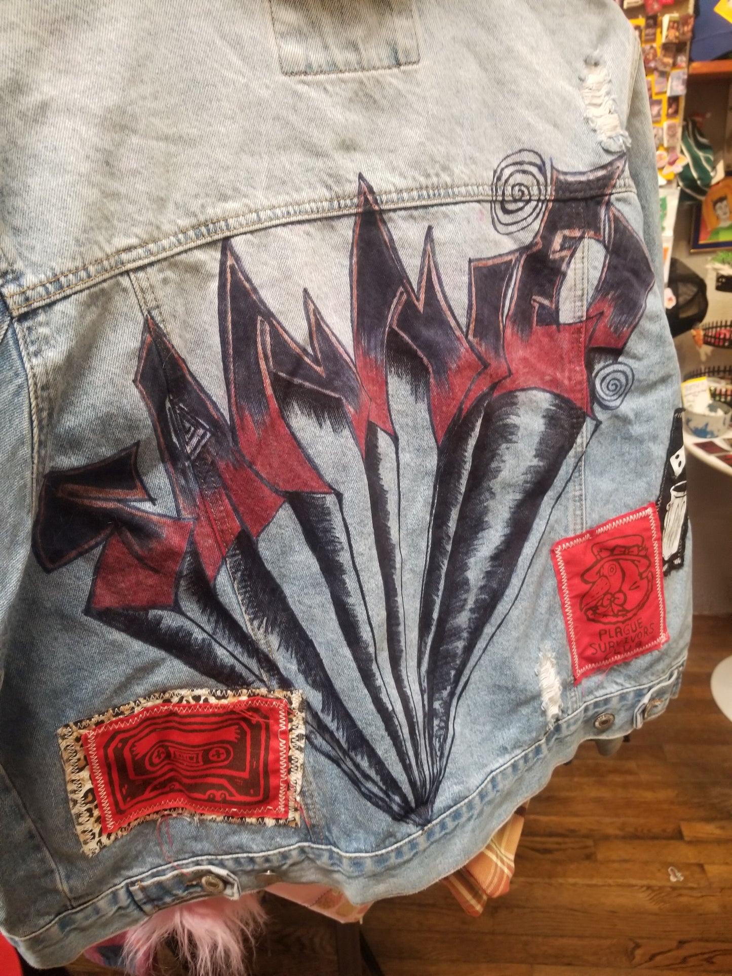 Red Studded Customized Upcycled Denim Jacket
