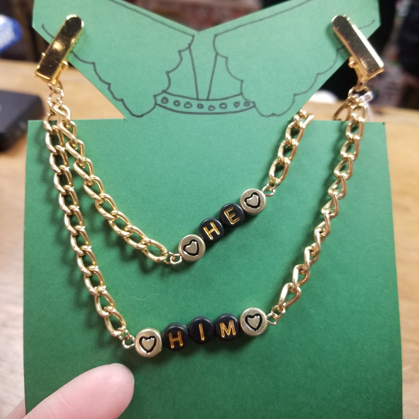 He Him (gold and black with hearts) COLLAR CLiP CHAiN