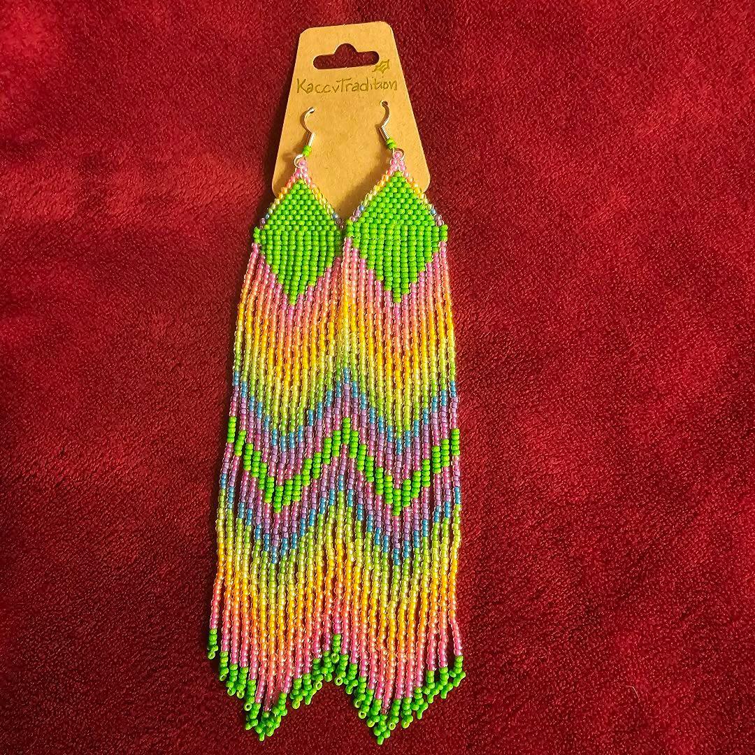 Green and Neon Individually Beaded Long EARRINGS