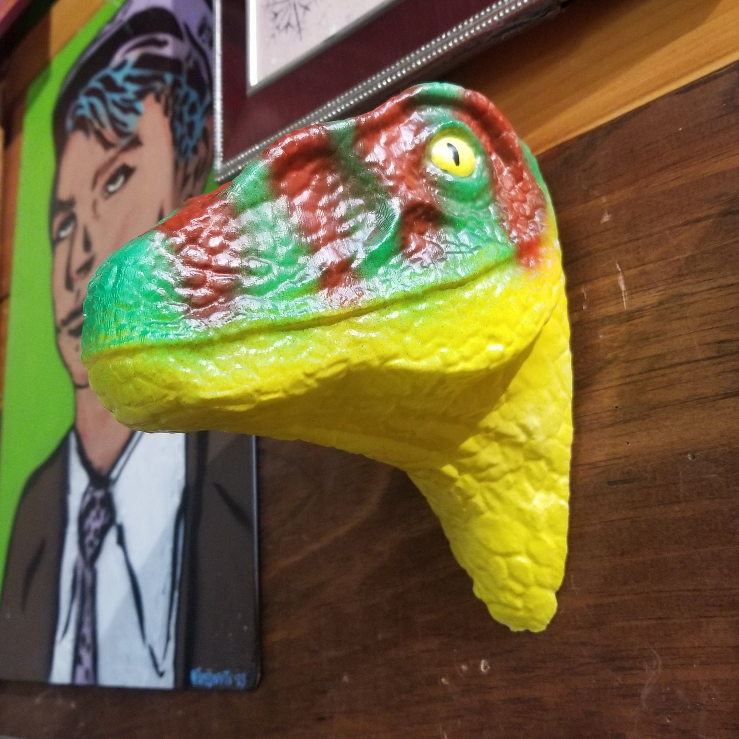Hand Painted Reddish Brown Green and Yellow Velociraptor WALL HANGING