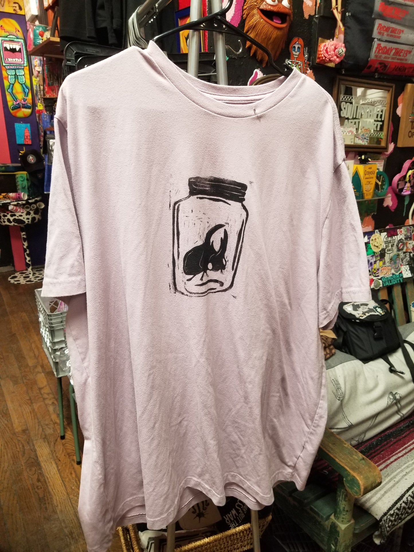 Light Purplish Pink Bug In A Jar Block Print Upcycled T SHIRT