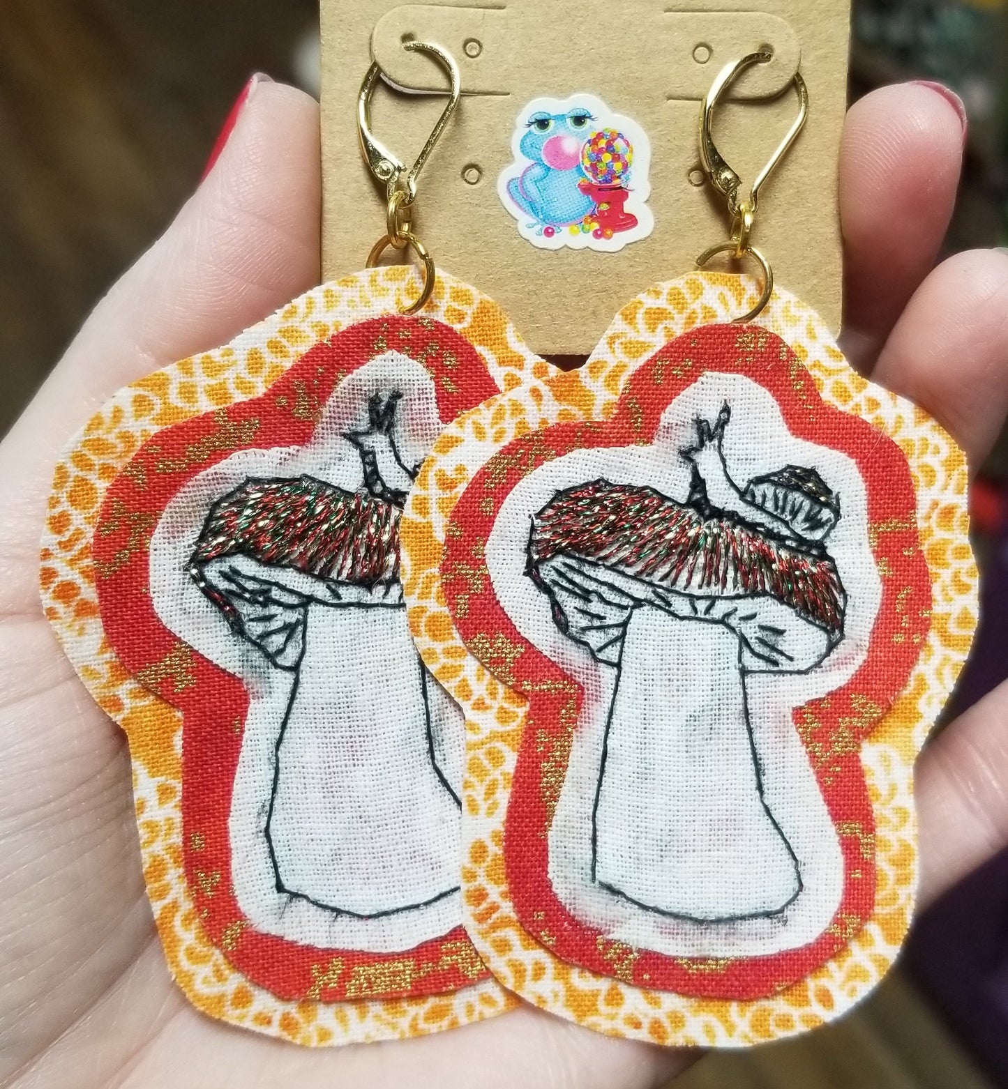Embroidered Snail and Mushroom EARRINGS by ThEm's