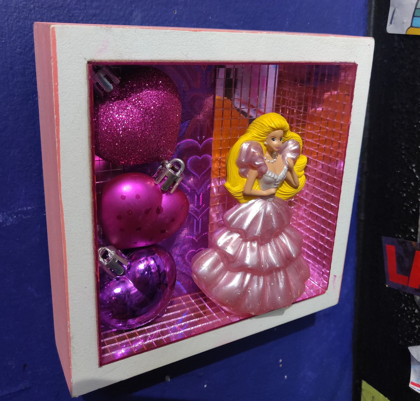 Your Favorite Doll w/ Hot Pink Heart Ornaments DIORAMA WALL HANGING