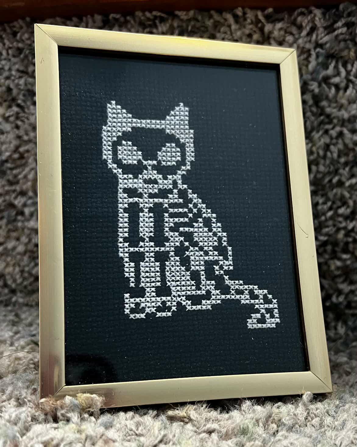 Skelecat Framed Cross-Stitch