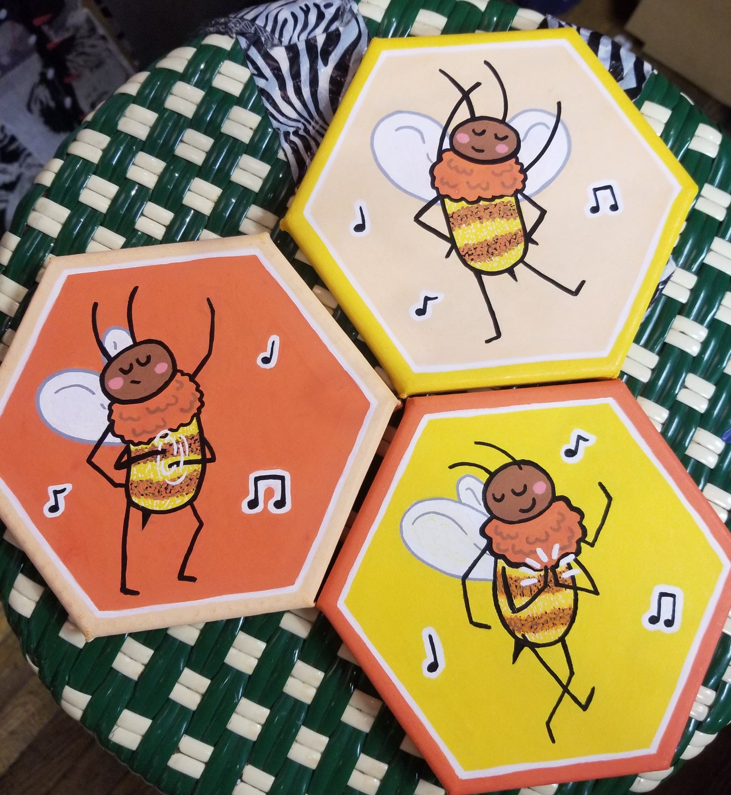 Set of 3 Dancing Bee Paintings by @draculadco