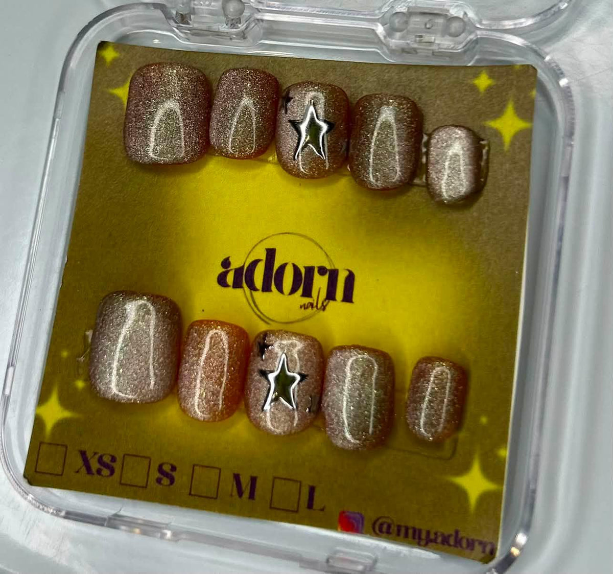 Rose Gold Shimmery Star Micro Square Shaped Hand-painted Acrylic Press On NAiL SET by Adorn Nails