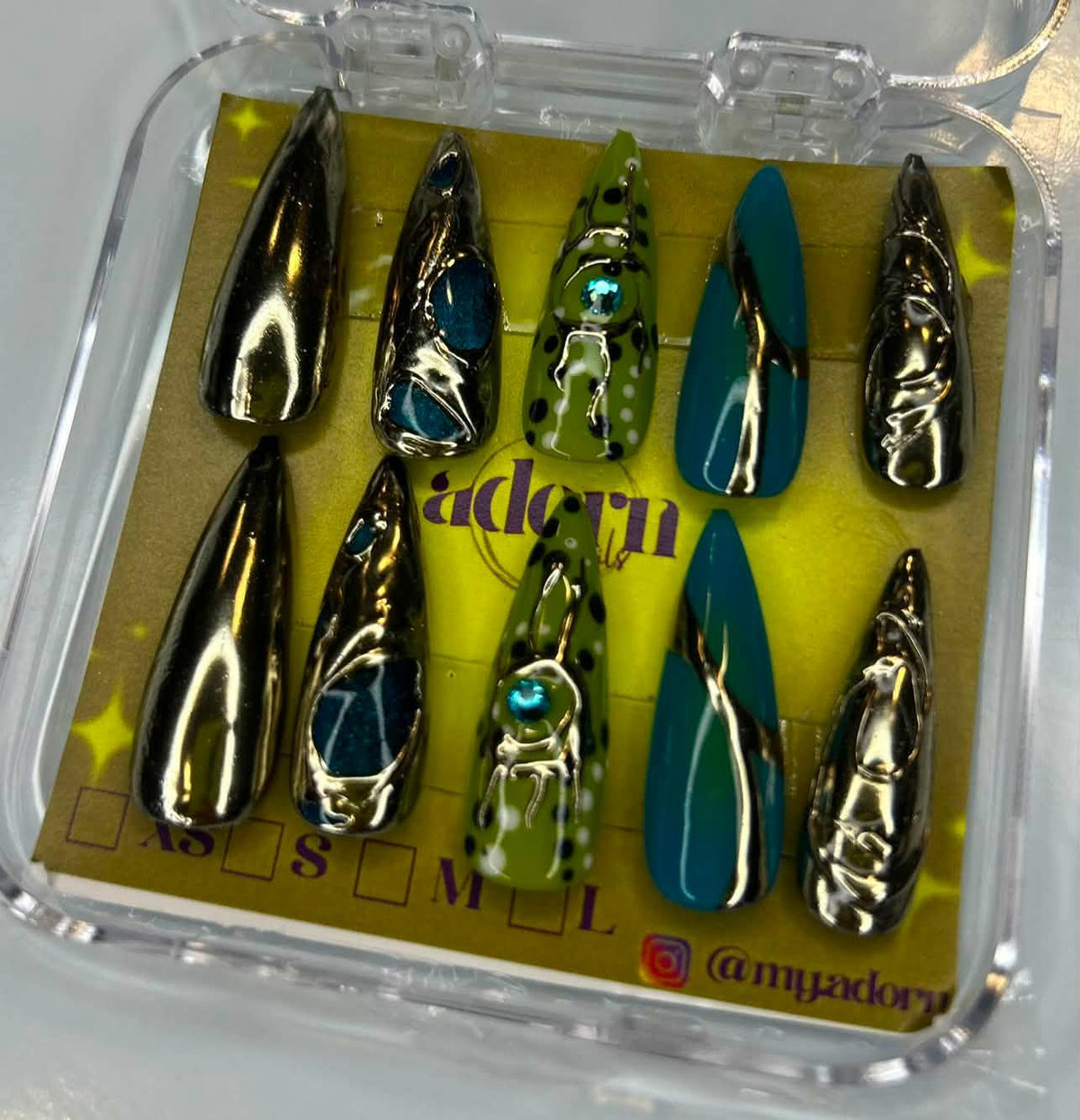 Metallic and Teal Pointed Shaped Hand-painted Acrylic Press On NAiL SET by Adorn Nails