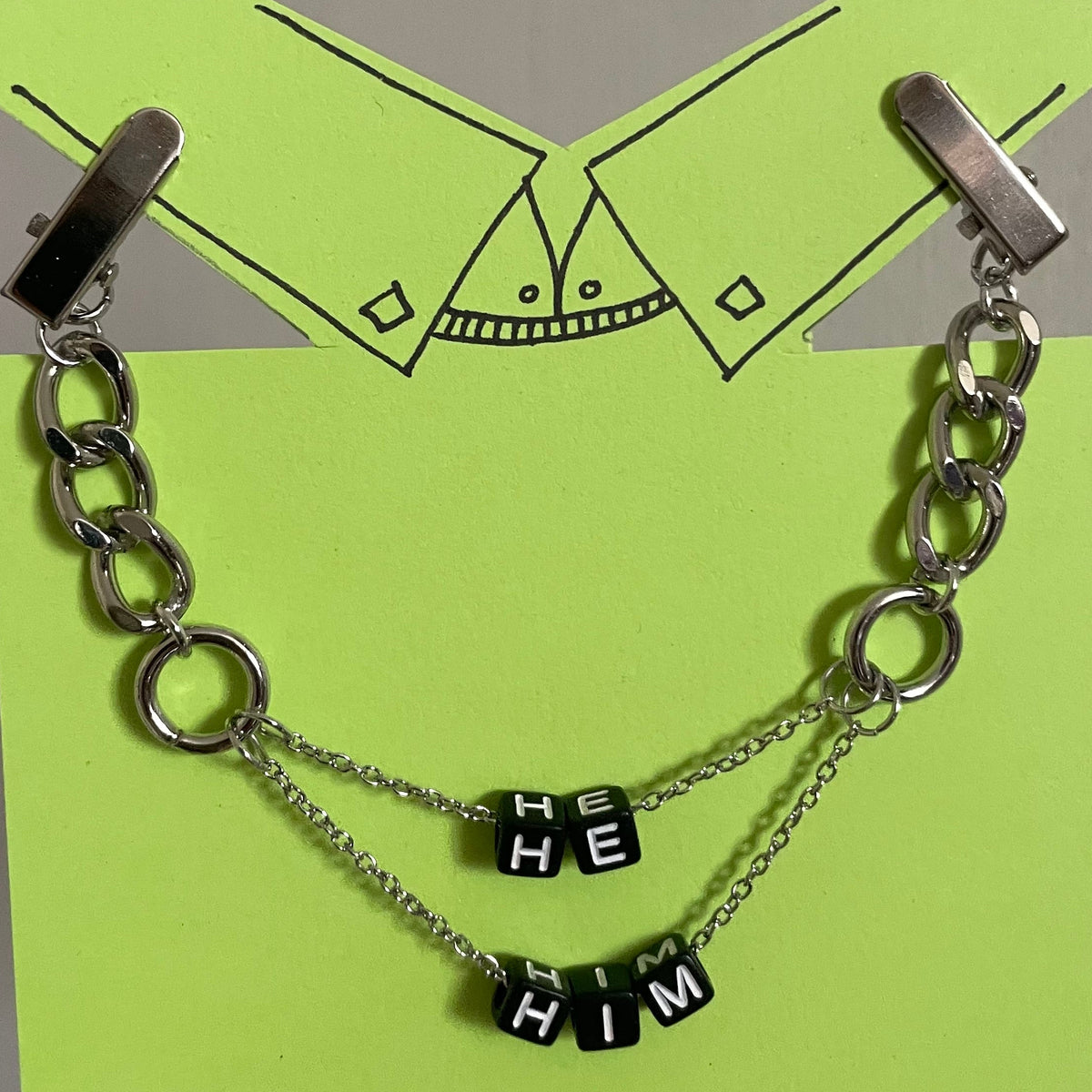 He/Him (Black Blocks w/ Chunky Silver Chain) COLLAR CLiP CHAiN