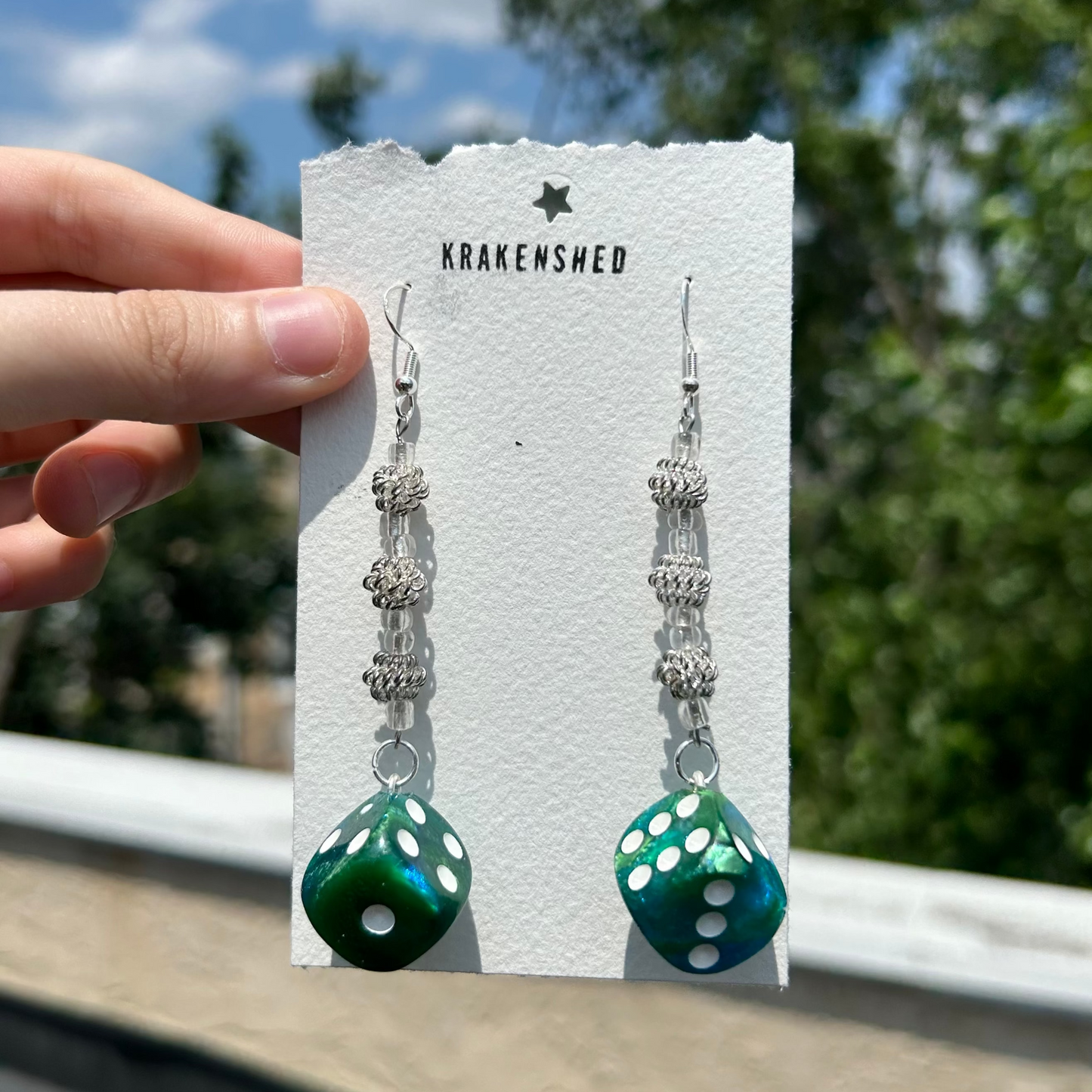 Krakenshed Blue-Green 6 Sided Long Dangles EARRiNGS