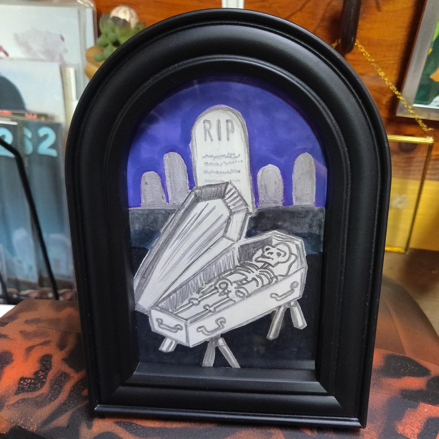 RIP Skeleton Coffin Framed Original Drawing WALL ART