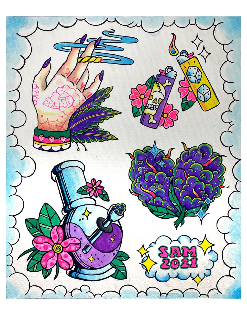420 Blaze It Tattoo Flash PRINT by Sam Sankey