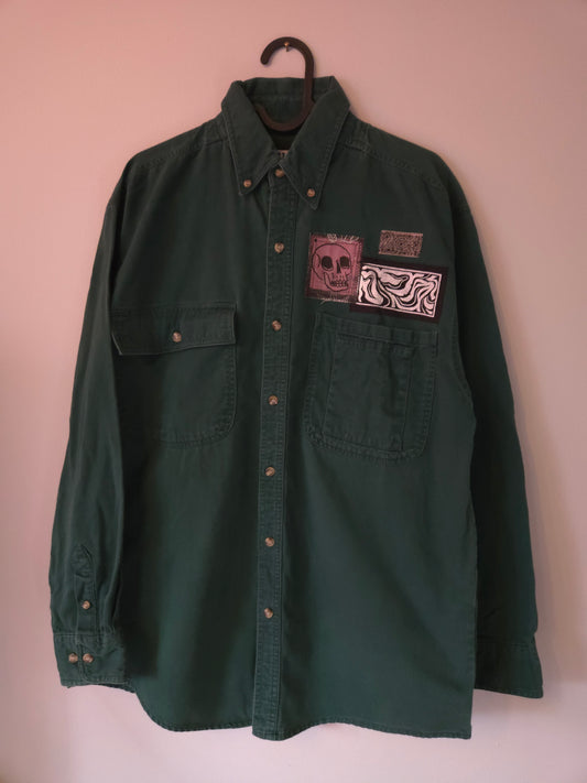 Skull Collage Green Button Up LONG SLEEVE SHiRT