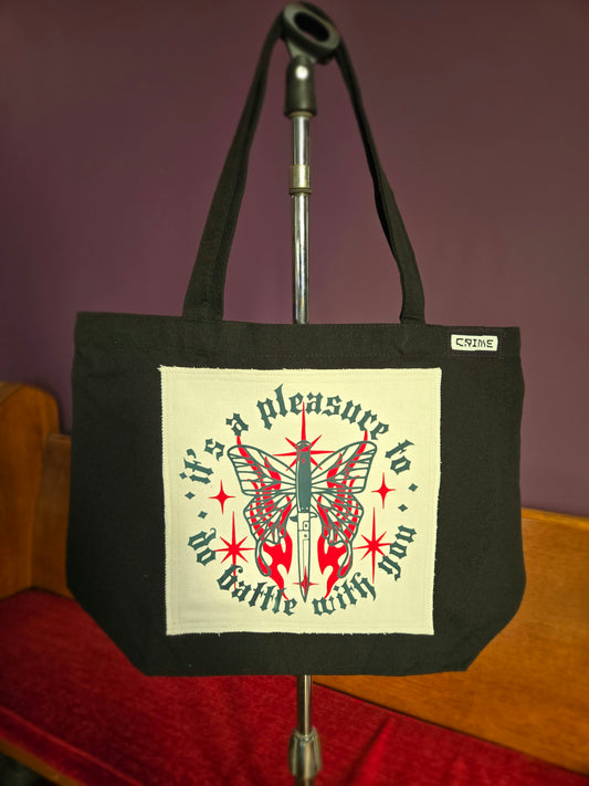 It's a pleasure to do battle with you TOTE BAG (white patch, raw edges)
