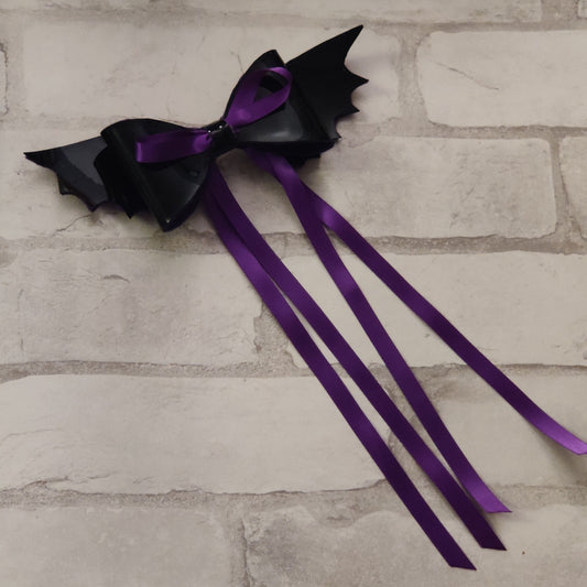 Black Vinyl Bat HAiR BOW with Purple Ribbon / CLiP