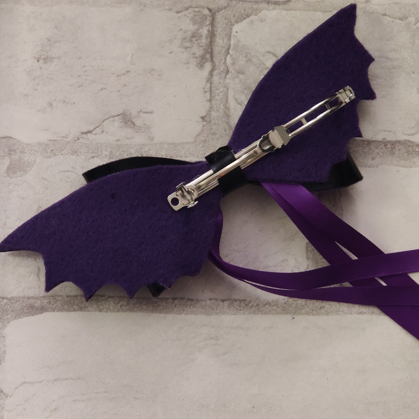 Black Vinyl Bat HAiR BOW with Purple Ribbon / CLiP