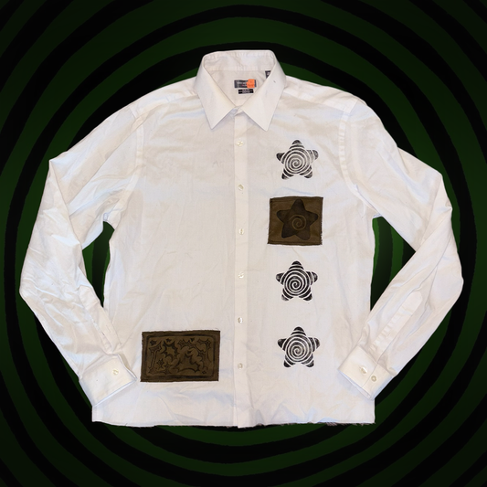 Stars and Swirls Upcycled White Cropped Button Up SHIRT by Start Over Studio