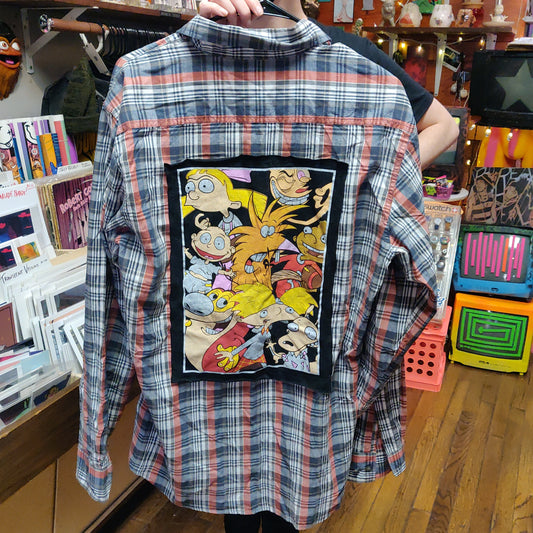 90s Cartoon Customized Upcycled Long Sleeve Plaid Shirt