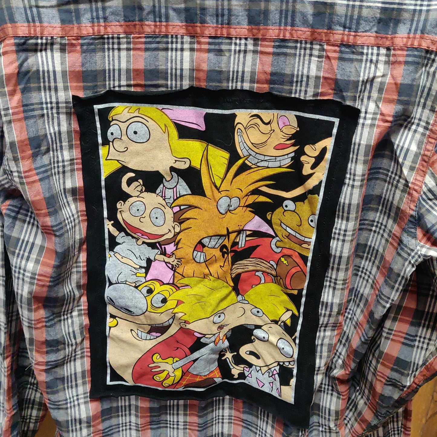 90s Cartoon Customized Upcycled Long Sleeve Plaid Shirt