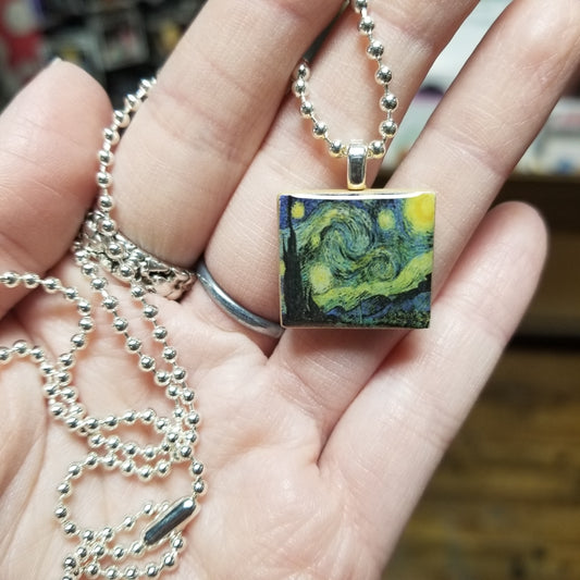 Starry Night Scrabble Tile Pendant w/ Ball Chain NECKLACE