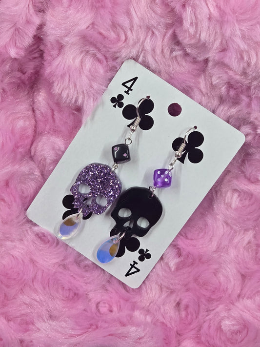 Black and Purple Dice and Skulls EARRINGS by Skullduggery Studio