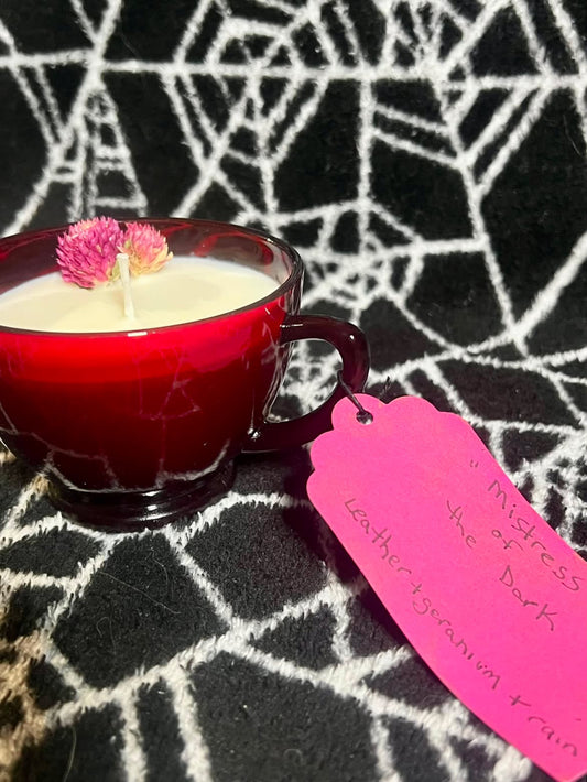 Mistress of the Dark CANDLE in tea cup by Sick Wax World