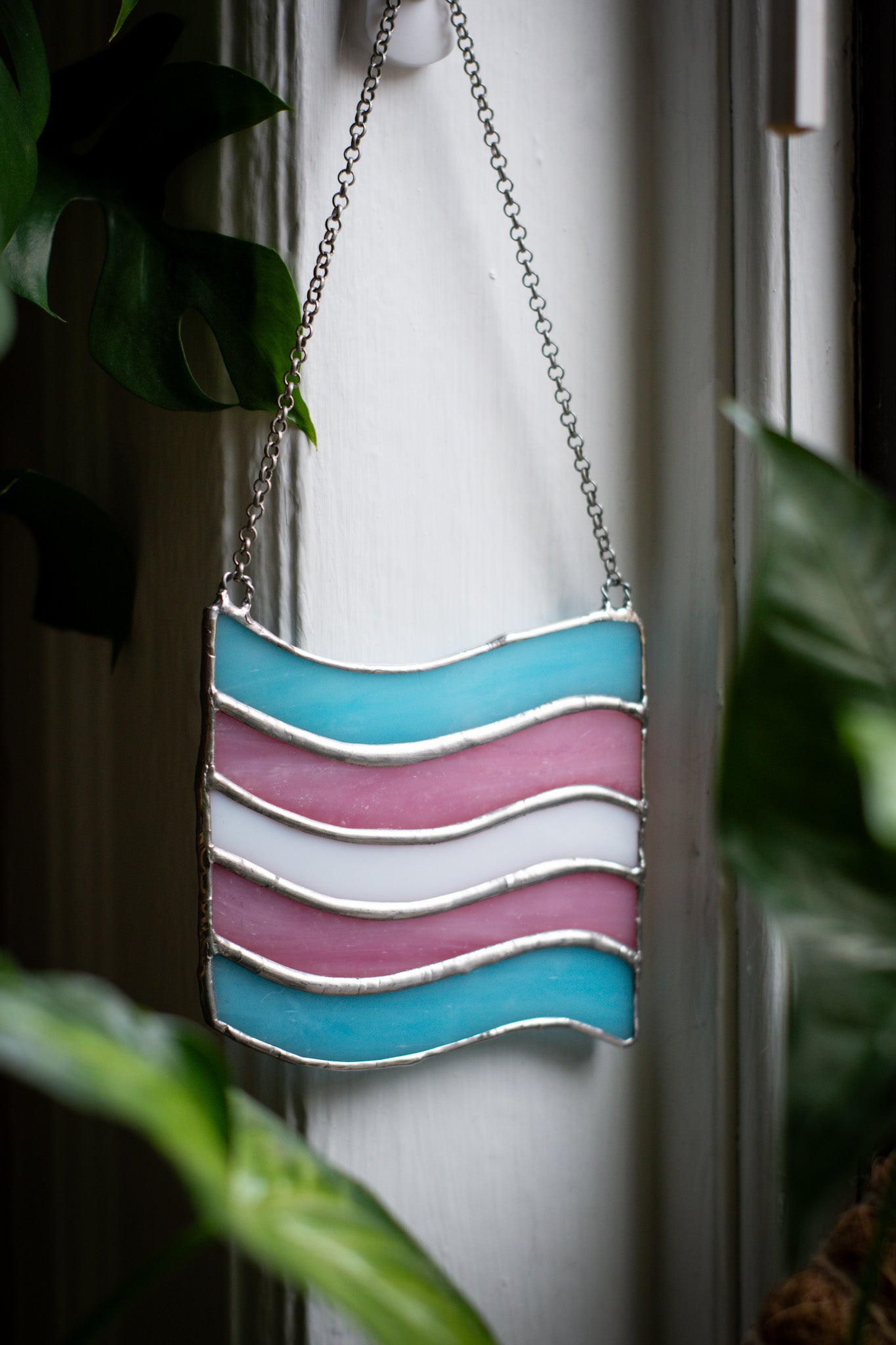 Trans Pride Flag HANGING STAINED GLASS