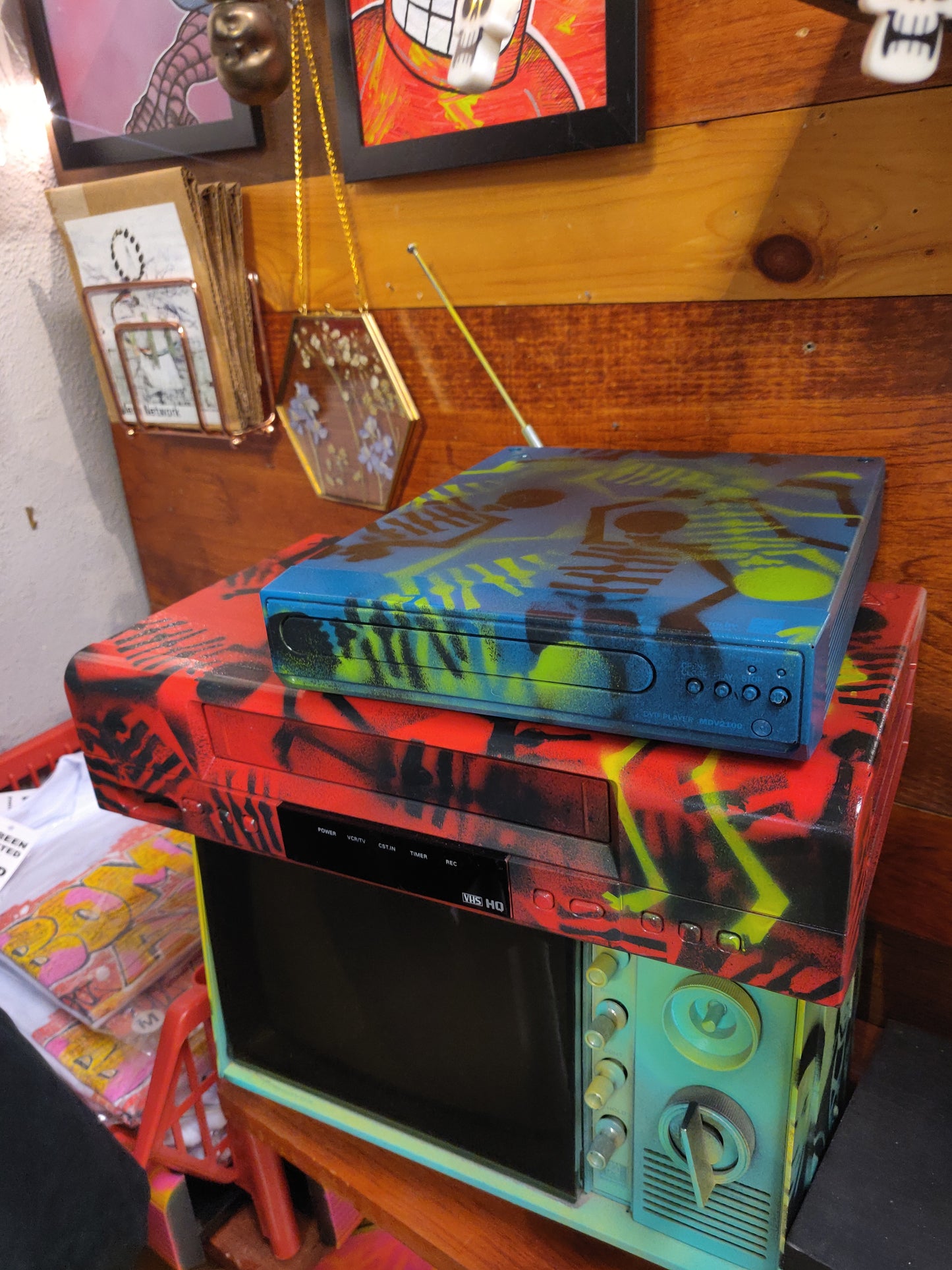 Blue Spray-Painted Skeleton DVD PLAYER (works!) by @TapedOffTV