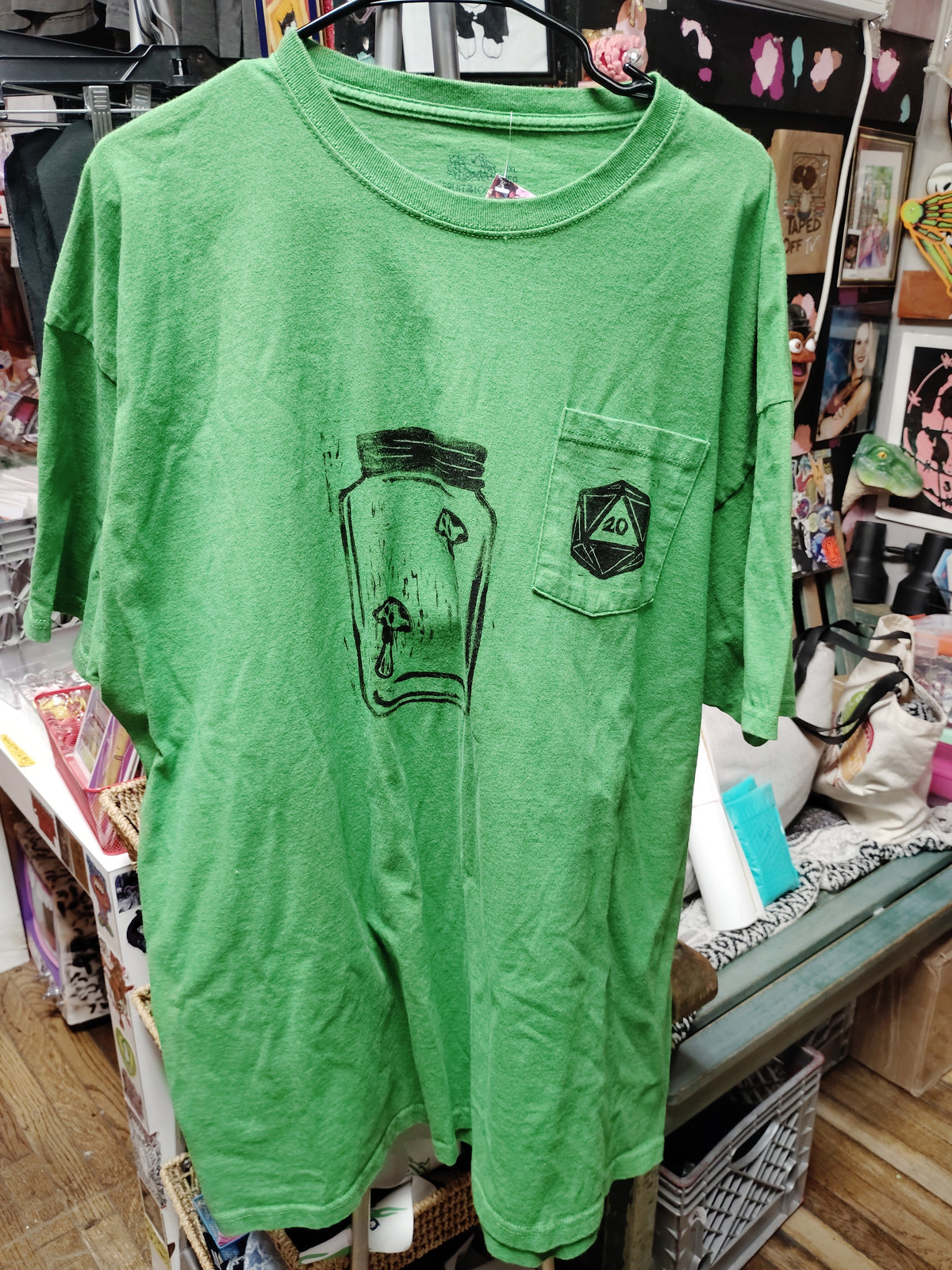 Green D20 and Mushrooms In A Jar Block Print Upcycled T SHIRT