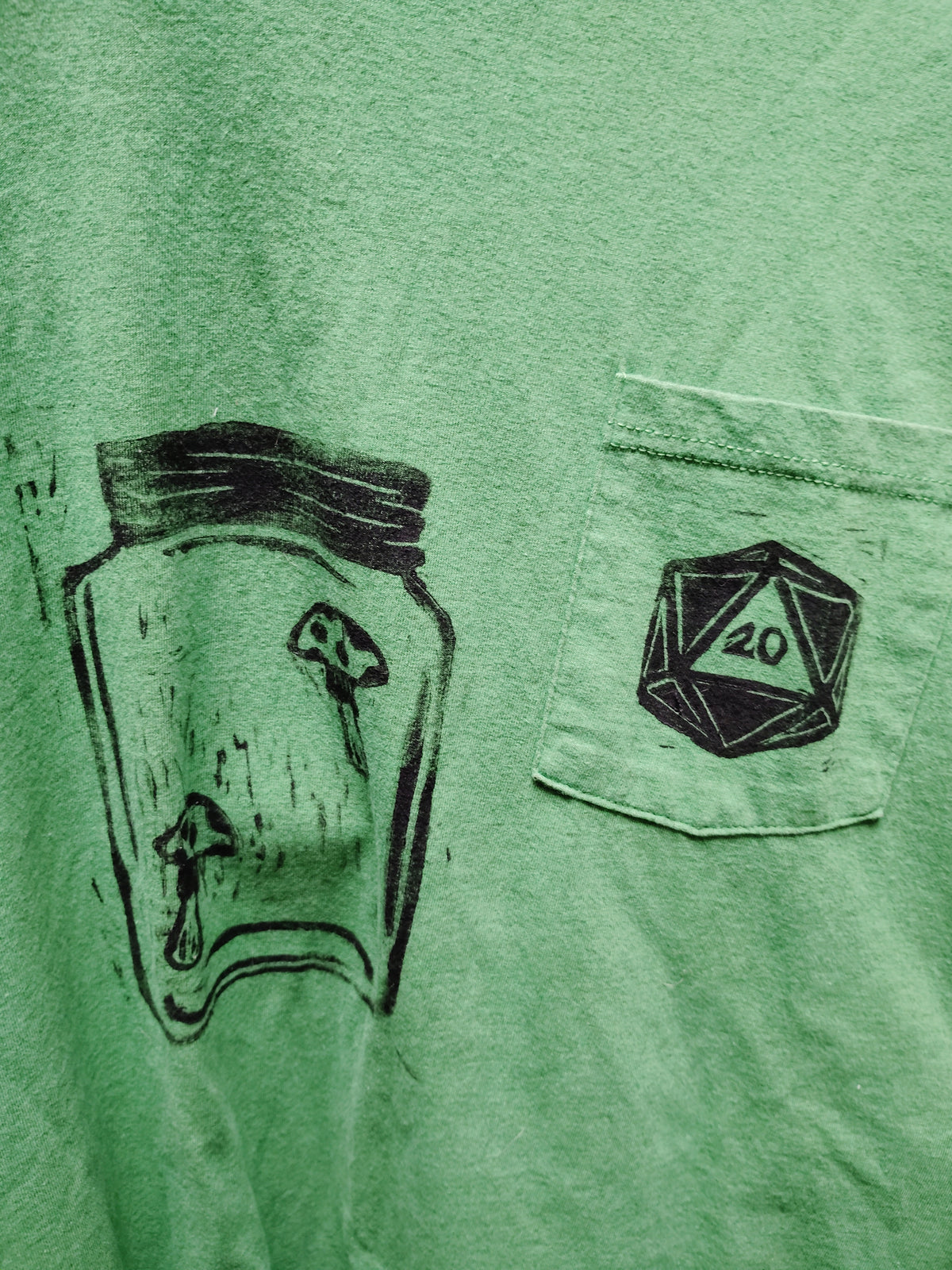 Green D20 and Mushrooms In A Jar Block Print Upcycled T SHIRT