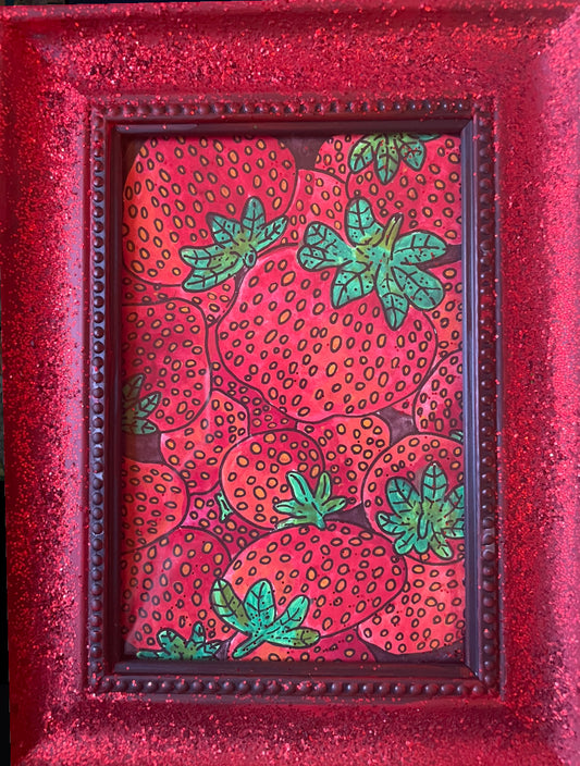 Strawberry Patch Glitter Framed Original DRAWING