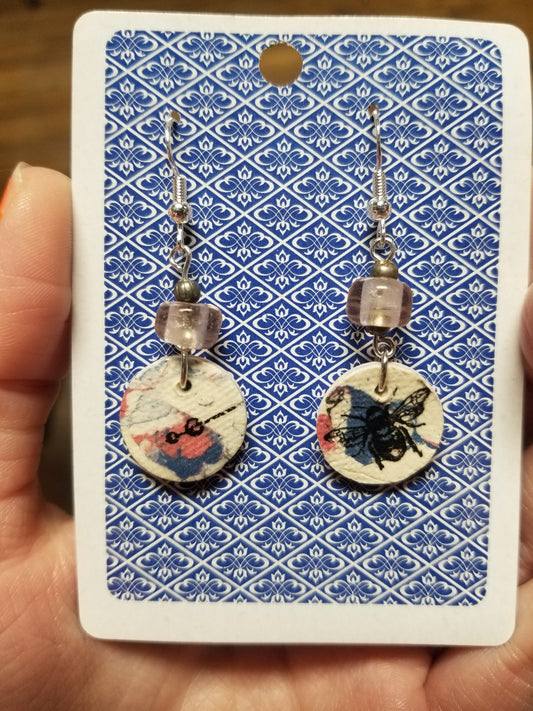 Pink and Blue Bee Ceramic Disc EARRINGS by Skullduggery Studio