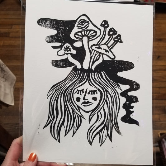 Mushroom Head Linocut 8x10" PRINT