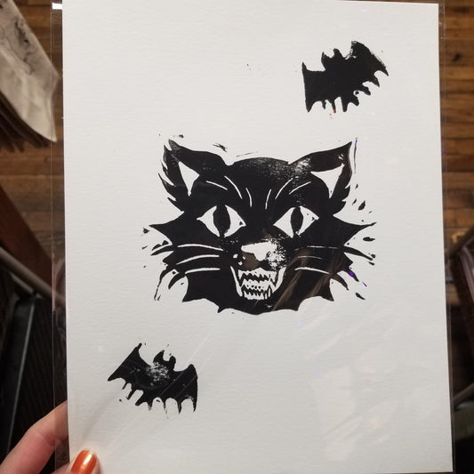 Cat Bats Linocut 8x10" PRINT