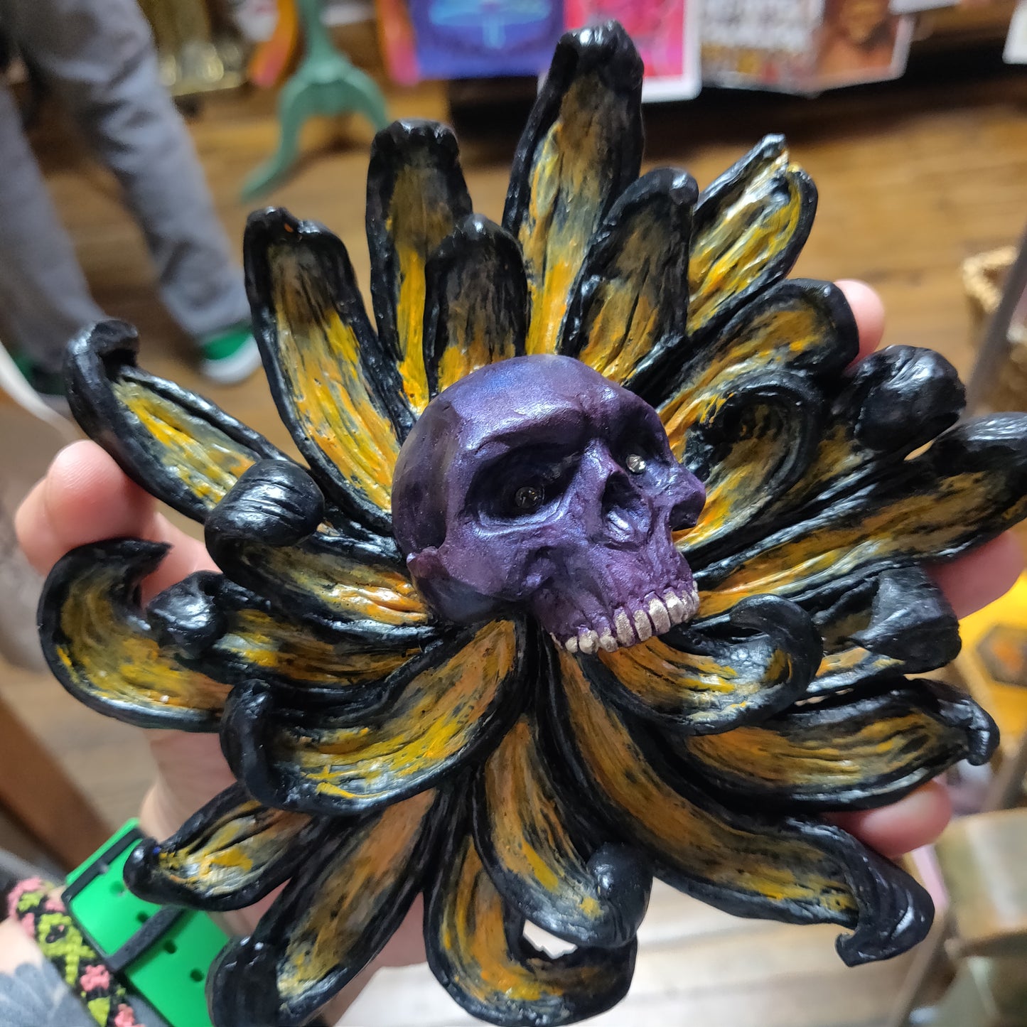 Hand Sculpted Skull Flower Wall Hanging