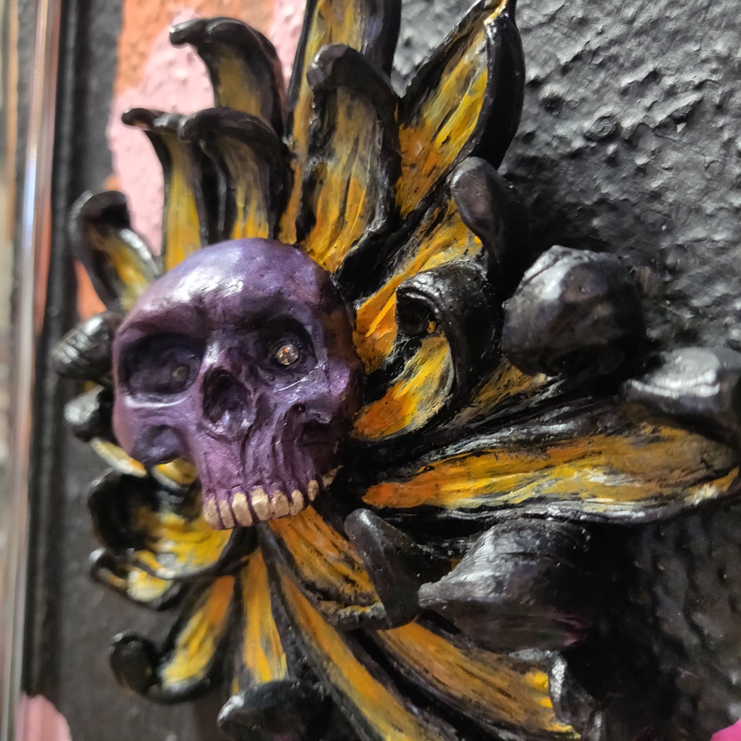 Hand Sculpted Skull Flower Wall Hanging