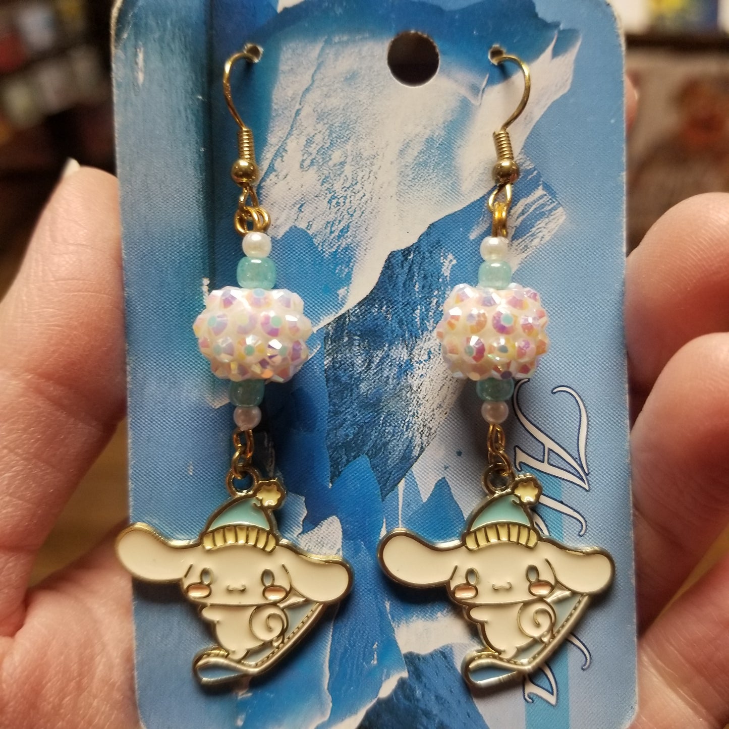 Sparkly Beads and Snowboarding Bunnies EARRINGS by Skullduggery Studio