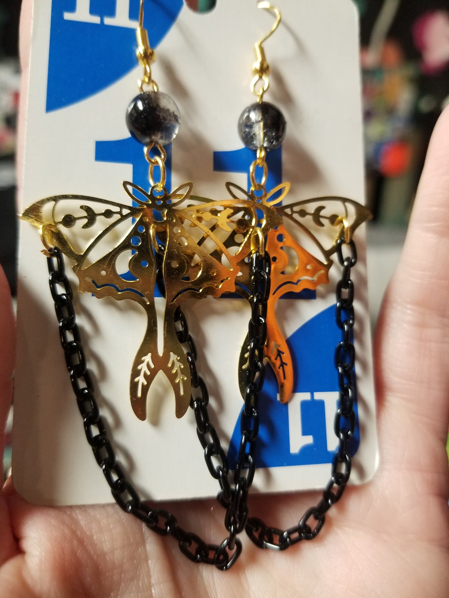 Gold Luna Moths with Black Chain EARRINGS by Skullduggery Studio