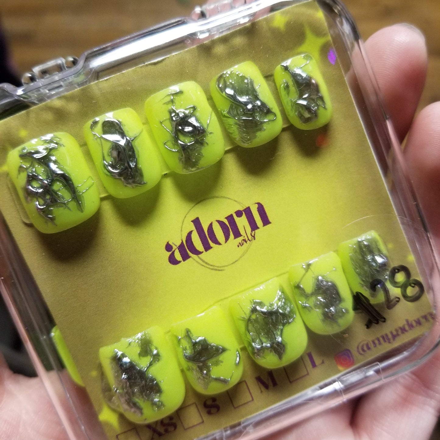 Neon Yellow with Silver Adornments Hand-painted Acrylic Press On NAiL SET by Adorn Nails