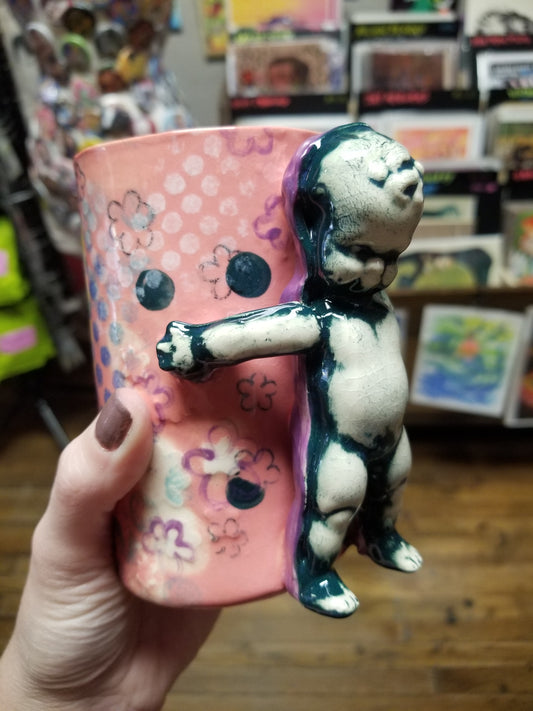 Pink Floral/Polka Dotted Beeb with Internal Butterfly VASE/CUP