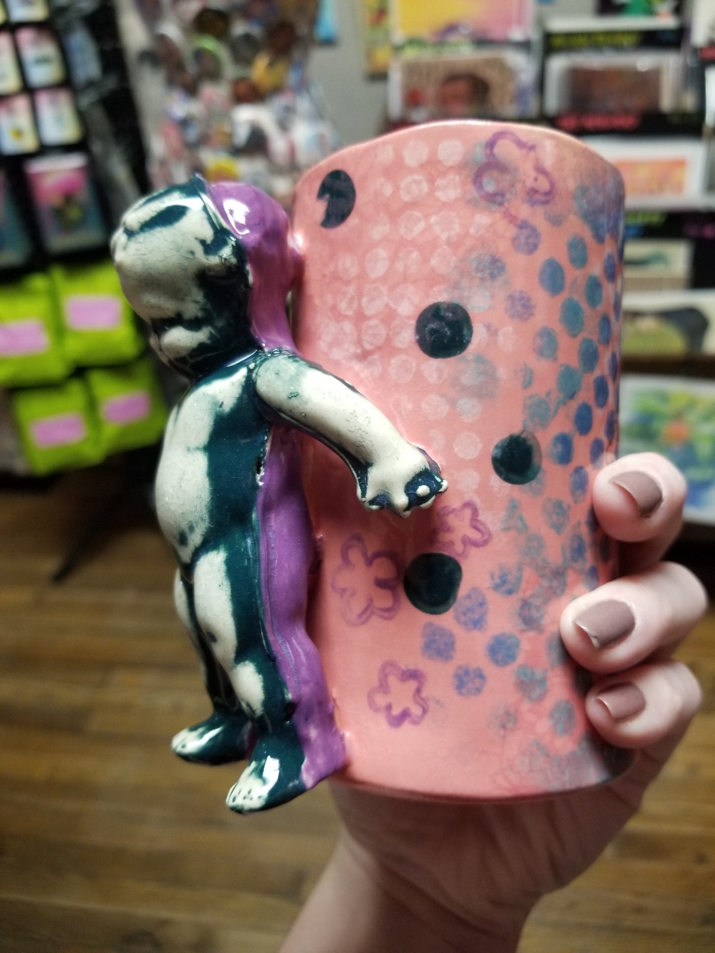 Pink Floral/Polka Dotted Beeb with Internal Butterfly VASE/CUP