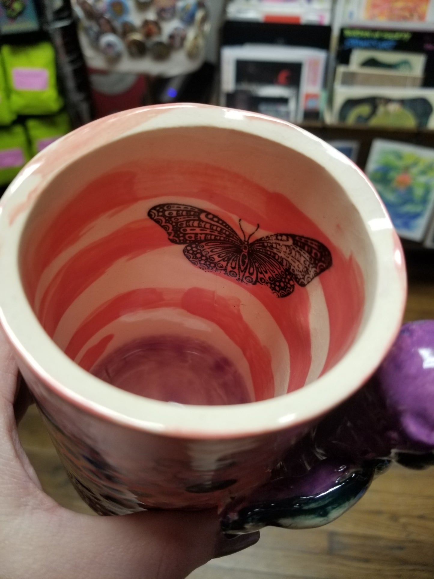 Pink Floral/Polka Dotted Beeb with Internal Butterfly VASE/CUP