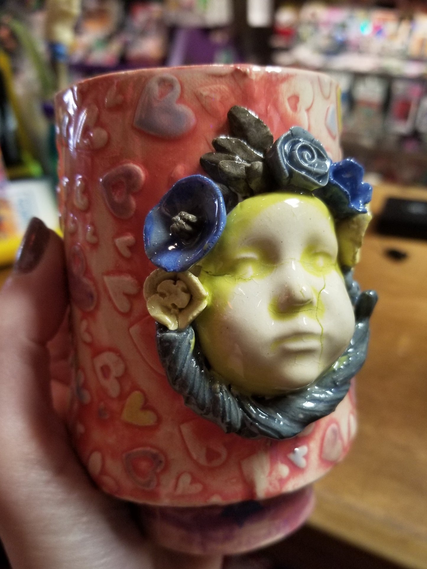 Floral Halo Beeb Face/ Pink Heart Patterned Beeb  VASE/CUP
