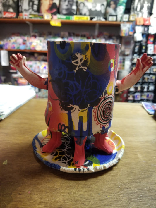 Multi Footed / Multi Colored Hands In the Air Ceramic PLANTER / FLOWER POT with DISH