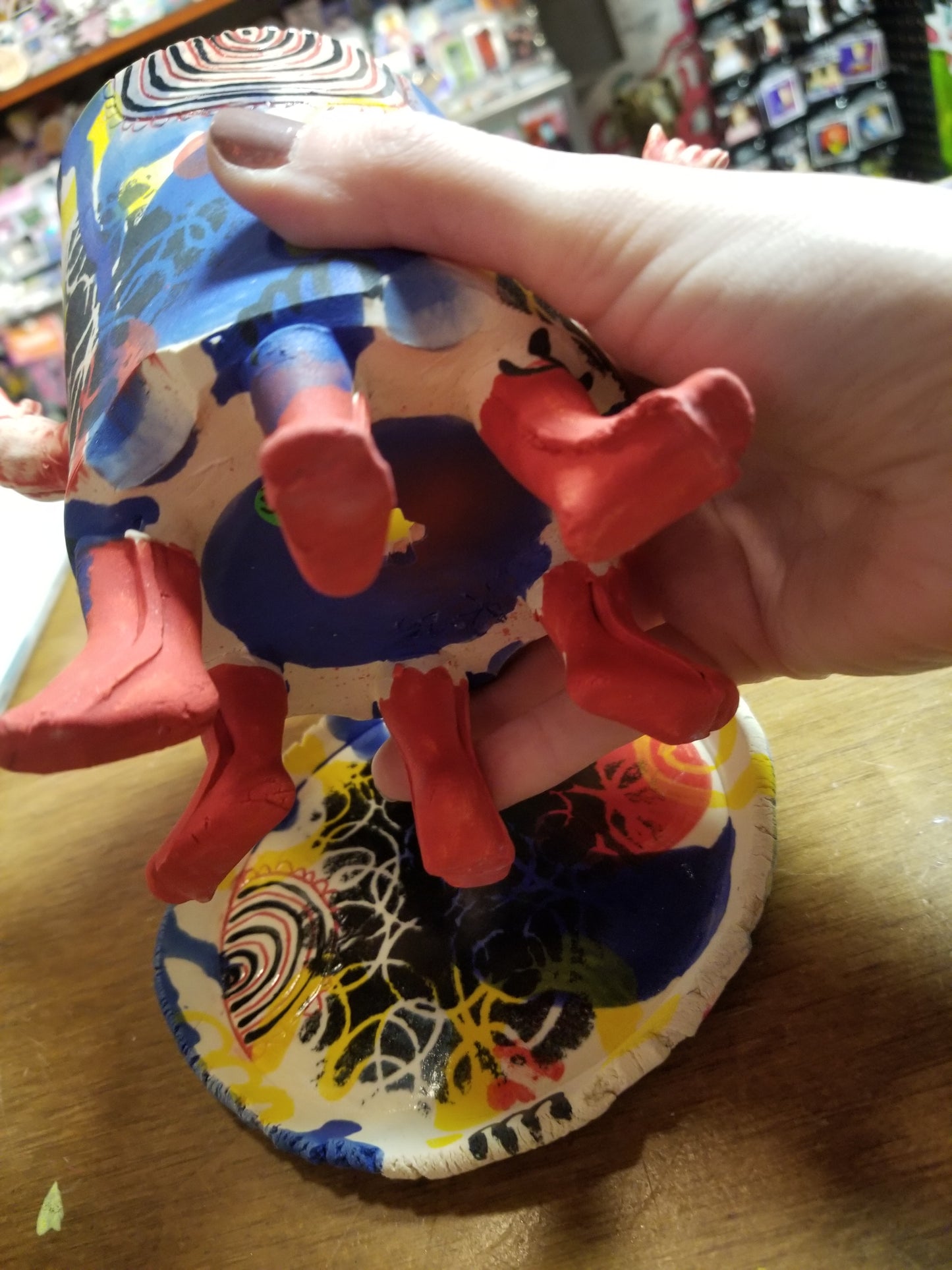 Multi Footed / Multi Colored Hands In the Air Ceramic PLANTER / FLOWER POT with DISH