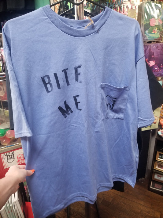 Blue Bite Me Tooth Block Print Upcycled T SHIRT