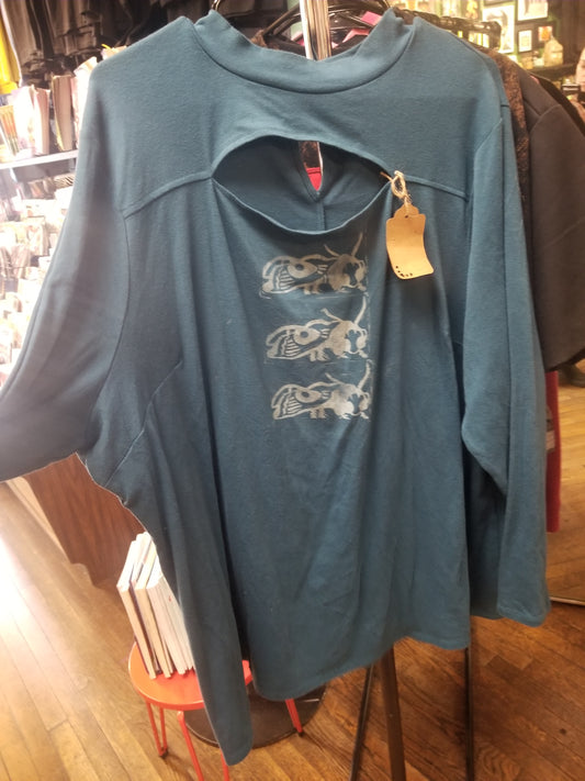 Triple Bug Block Print Upcycled LONG SLEEVE SHIRT with cut outs